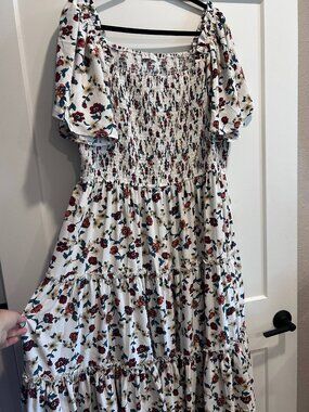 Ivy City Co 3X Cream Floral Smocked Tiered Maxi Dress Puff Sleeve Cottagecore